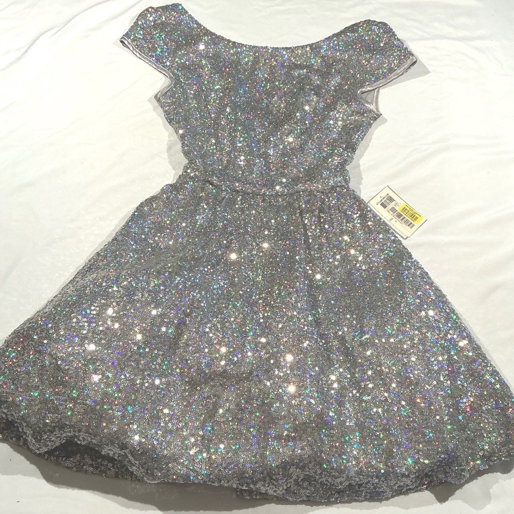 B Darlin party Dress Silver Sequin Sparkle Fit Flare Party Holiday Womens